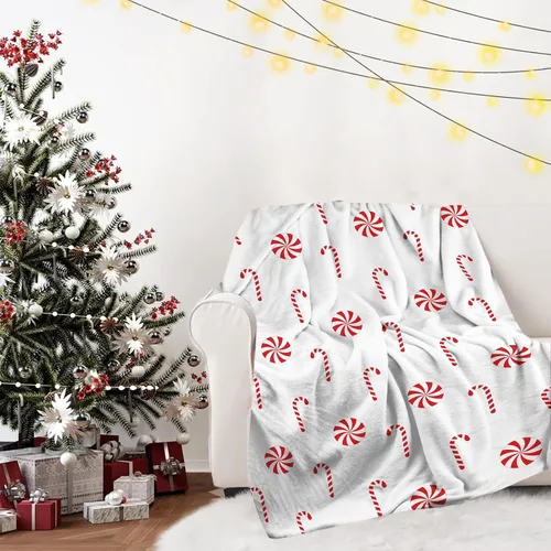 Miniatura 4 de Manta Navideña de Franela con Diseño de Bastón de Caramelo, Manta de Sofá Súper Suave y Cálida, Manta de Cama, Decoración Navideña de las Fiestas