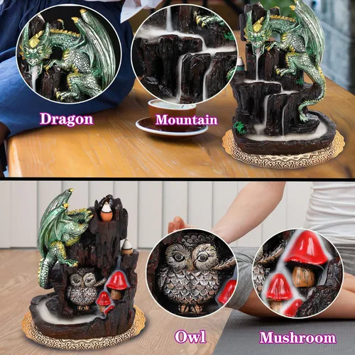 Miniatura 6 de Dragon Backflow - Quemador de incienso de 2 caras en cascada de montaña, soporte de incienso de humo con conos de incienso de reflujo, pinzas, Verde
