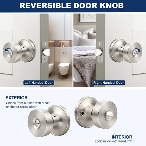 Miniatura 4 de Orger 1 paquete de pomos interiores de níquel satinado, perilla reversible de privacidad con cerradura, pomo redondo sin llave para baño y dormitorio