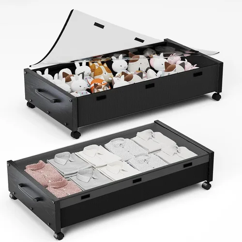 Miniatura 10 de Almacenamiento debajo de la cama con ruedas, 2 paquetes de contenedores de almacenamiento de madera extra grandes debajo de la cama, organizador