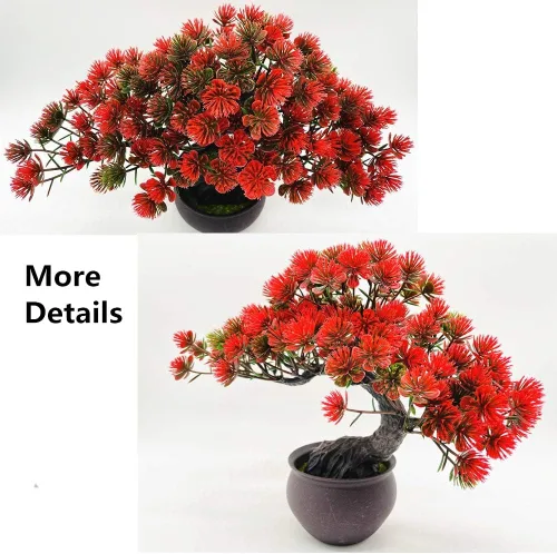 Miniatura 3 de Plantas artificiales bonsái enebro artificial en maceta de pino japonés sintético bonsái simulación de bonsái artificial para el hogar oficina Rojo