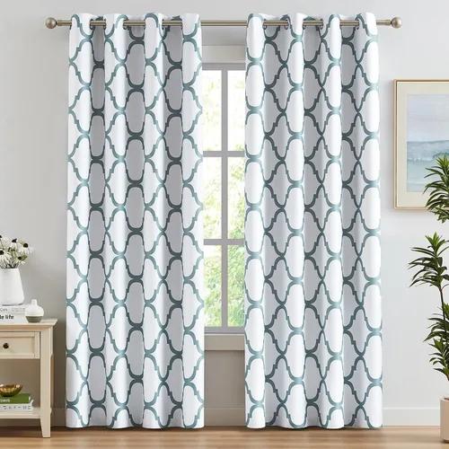 Miniatura 14 de Melodieux - Cortinas opacas estilo marroquí con aislamiento térmico y ojales para oscurecer sala de estar, 2 paneles. Blanco hueso/verde azulado