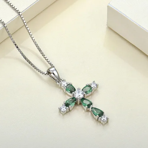 Miniatura 120 de YL Collar de cruz de plata de ley 925 con colgante de piedra natal religiosa para mujer