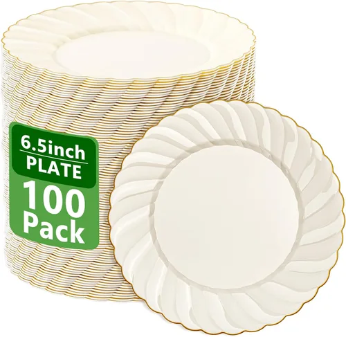Miniatura 14 de YOUBET Paquete de 100 platos de plástico festoneado azul, platos desechables azul marino de 6.5 pulgadas, elegante plato de postre vintage de alta