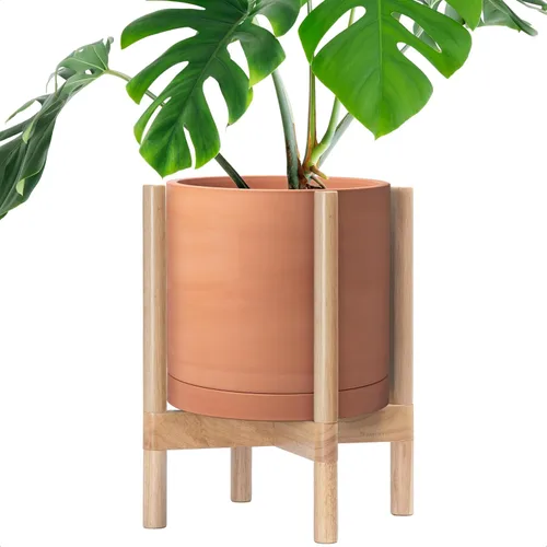 Miniatura 70 de D'vine Dev Maceta de cerámica con soporte de ébano – Maceta redonda moderna de 8 pulgadas con soporte para maceta de madera, color negro, 55-B-M-2