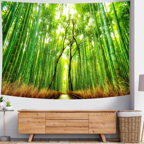 Miniatura 3 de Delur Tapiz de camino del bosque, puesta de sol, selva tropical tropical, árbol natural, tapiz para colgar en la pared, cabecera de paisaje verde