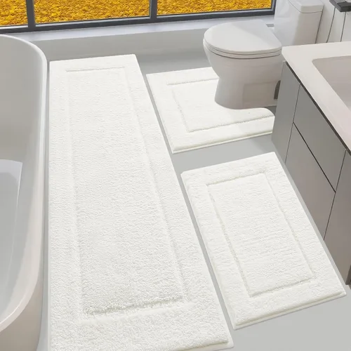 Juego de alfombras de baño de 3 piezas de color blanco hueso, ultra suave, gruesa, esponjosa, microfibra absorbente, parte trasera antideslizante,