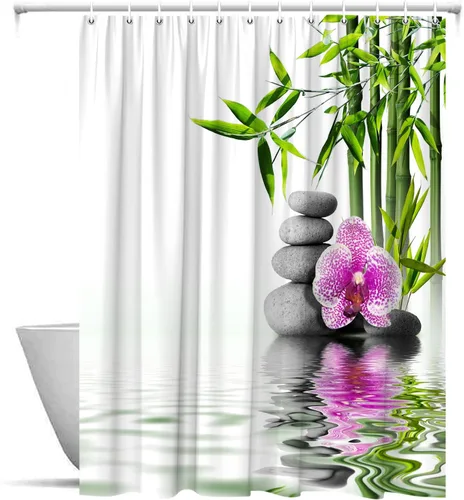 Miniatura 5 de Cortinas de ducha Zen de bambú verde flor púrpura reflejo de piedra agua paisaje spa jardín patrón impresión baño accesorios cortina juego