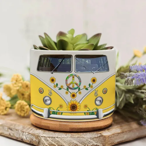 Miniatura 13 de Juego de mini macetas con estampado de lente de cámara, decoración del hogar, macetas de cerámica para suculentas con bandeja de bambú, regalos
