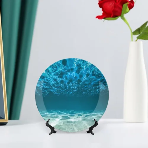 Miniatura 6 de XISUNYA Plato decorativo de porcelana de 6 pulgadas, plato de porcelana oceánica, superficie ondulada con fondo de grava, estampado de paisaje Azul