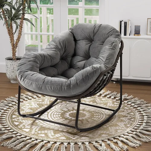 Miniatura 18 de Mecedora de gran tamaño para interiores, cómoda silla mecedora de pana con cojín grueso y marco, silla mecedora grande de mimbre para sala de estar