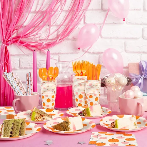 Miniatura 7 de Whaline 168 Pcs Fall Pumpkin Paper Plates Napkins Set Autumn Pink Orange A Little Pumpkin Is On The Way Disposable Tableware Cups and Cutlery for 24