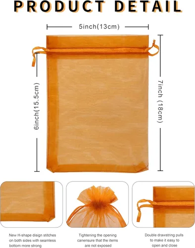 Miniatura 4 de Jexila - 100 bolsas de organza naranja de 5 x 7 pulgadas con cordón para calabazas de Halloween, bolsas de regalo para niños, bolsas de dulces