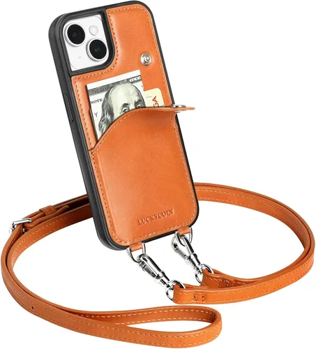 Miniatura 17 de LUCKYCOIN Funda tipo cartera cruzada para iPhone 14 Pro, funda de piel auténtica con protección contra caídas para mujer, con tarjetero expandible