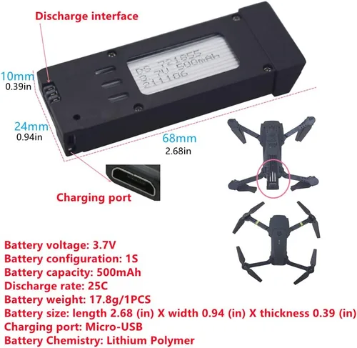 Miniatura 2 de Batería de litio de 3.7V 500mAh para E58 S168 JY019 Quadcopter Recambios UAV batería de litio (3PCS)
