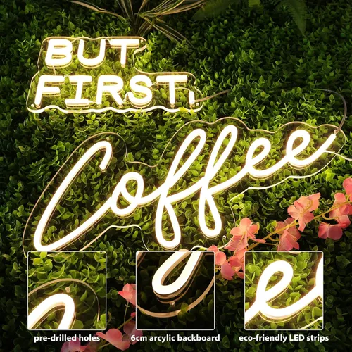 Miniatura 6 de Letrero de neón "But First Coffee" para decoración de pared, de 17 * 16 pulgadas, LED blanco cálido regulable con adaptador de corriente de 12V