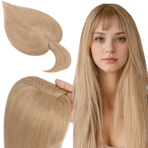 Miniatura 22 de SEGO Toppers de cabello humano 100% real, con flequillo de aire, base de seda 150% de densidad, topper con clip, 2.7 x 5.1 pulgadas, piezas