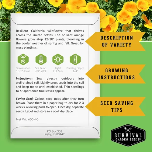 Miniatura 2 de Survival Garden Seeds - Semillas de amapola de California para plantar - 5 paquetes con instrucciones para cultivar plantas Eschscholzia Californica