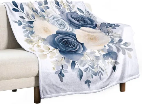 Manta de flores de acuarela azul marino, bohemias, manta de acuarela floral con coronas de rosas y hojas de peonías, lujosa, cálida y acogedora