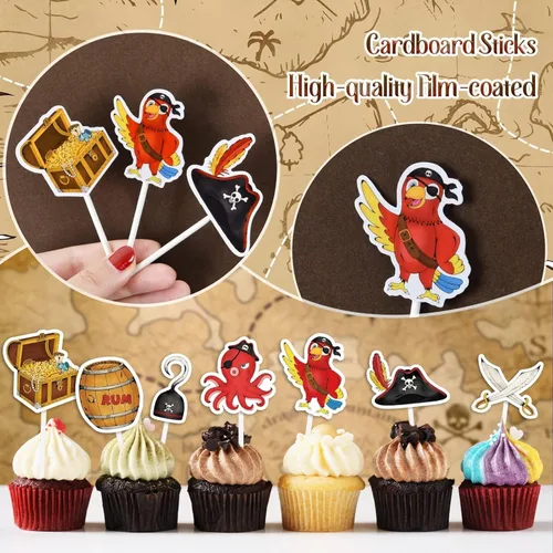 Miniatura 3 de WERNNSAI 49 adornos para cupcakes piratas, decoraciones de fiesta de cumpleaños pirata, decoración de loro pirata, decoración para tartas del día