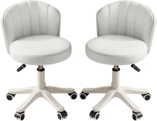 Miniatura 9 de Silla Pequeña Redonda de Escritorio con Ruedas Sin Brazos Cómoda Silla de Tocador para Computadora con Respaldo Bajo de Cuero PU Altura Ajustable