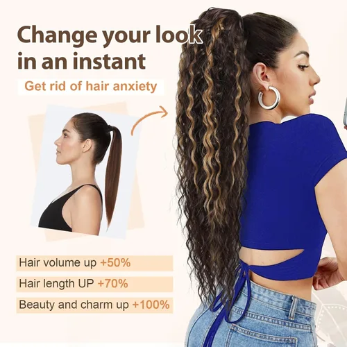 Miniatura 6 de Flufymooz Extensión de cola de caballo, 26 pulgadas, estilo bohemio, con cordón, extensiones de cabello para mujer, cola de caballo larga, rizada