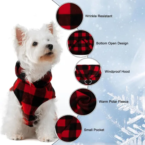 Miniatura 2 de EXPAWLORER - Sudadera de forro polar con capucha para perros, chaleco de suéter a cuadros para mascotas, ropa de otoño e invierno con anillo