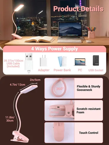 Miniatura 8 de Lámpara de escritorio rosa linda luz de lectura, 45 modos de luz regulable con clip con batería de 4000 mAh, lámpara de escritorio recargable de 450