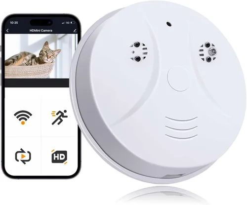 Cámara de vigilancia WiFi 1080P HD para cámara de detección de humo interior con detección de movimiento, visión nocturna para seguridad en el hogar
