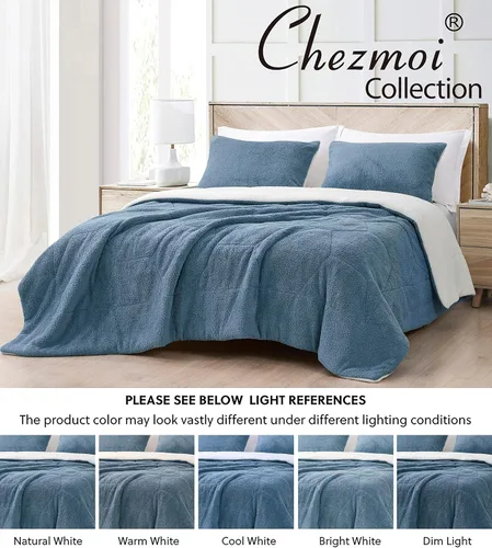 Miniatura 9 de Chezmoi Collection Wynne - Juego de edredón sherpa de panal de 3 piezas, ropa de cama reversible de doble cara, tamaño matrimonial, color azul