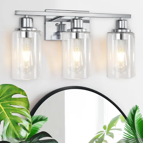 Miniatura 8 de Lámparas de pared doradas para baño de latón cepillado, lámparas de pared modernas de 3 luces con apliques de vidrio transparente, lámpara de pared