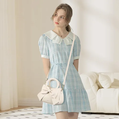 Miniatura 3 de Bolsos pequeños para mujeres tipo bandolera, bolso cruzado de cuero vegano y carteras con asa superior de transporte y lindo nudo de lazo