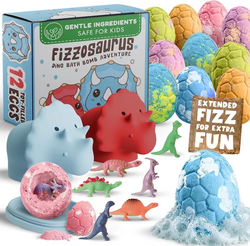Bombas de baño 100% naturales para niños con juguetes sorpresa en el interior con difusores de dinosaurios seguros para niños - Paquete de 12 bombas