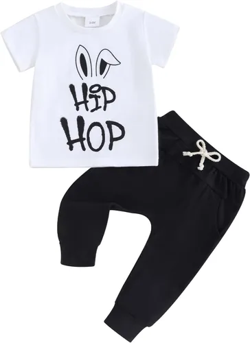 Ledy Champswiin Trajes de Pascua para bebé, camiseta de manga corta con letras, tops y pantalones deportivos para niños pequeños, ropa de primavera