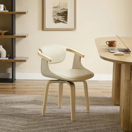 Miniatura 17 de Zouron Silla de escritorio sin ruedas, moderna silla de oficina de madera, silla de cuero sintético con brazo para sala de estar, dormitorio