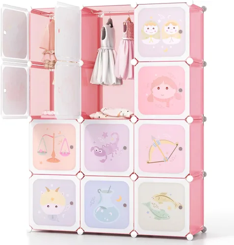 Miniatura 15 de HONEY JOY Armario para niños, organizador de almacenamiento de ropa de dibujos animados para bebés, 8 cubos y 2 secciones para colgar, armario Azul