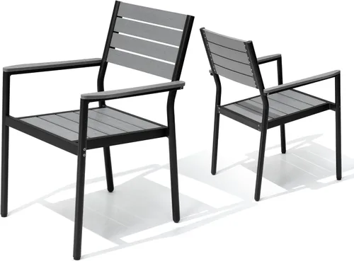Miniatura 15 de Pellebant Juego de 2 sillas de comedor apilables para exteriores, sillas de patio de aluminio con brazos, para todo tipo de clima, para jardín, Negro