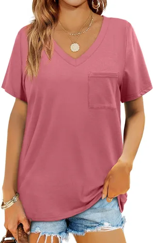 Miniatura 8 de Geifa Camisetas de manga corta con cuello en V para mujer, camisetas casuales de verano con bolsillo