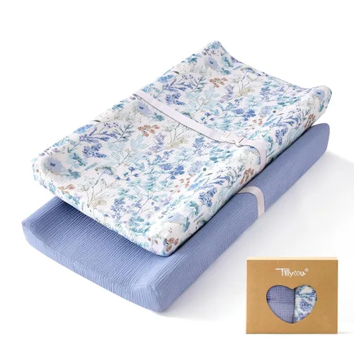 Miniatura 12 de TILLYOU Funda de muselina para cambiador de pañales para bebés, niñas y niños, de algodón suave y transpirable, 2 unidades (flor amarilla)