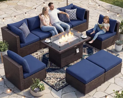 Miniatura 36 de BULEXYARD Juego de muebles de patio de respaldo alto de 7 piezas con mesa de fogata de combustible dual propano/gas natural, sofá seccional