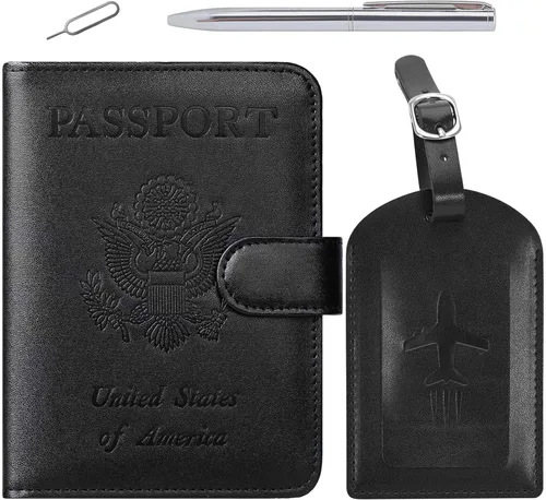 Funda para pasaporte, cartera con bloqueo RFID, funda de piel para tarjetas, accesorios de viaje para mujeres y hombres, negro,