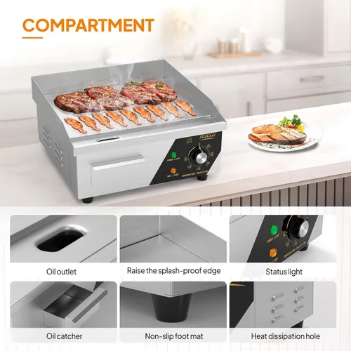 Miniatura 4 de Bonnlo Plancha comercial de 14 pulgadas y 1500 W con encimera de acero inoxidable, plancha plana, control de temperatura ajustable de 122-572 ℉