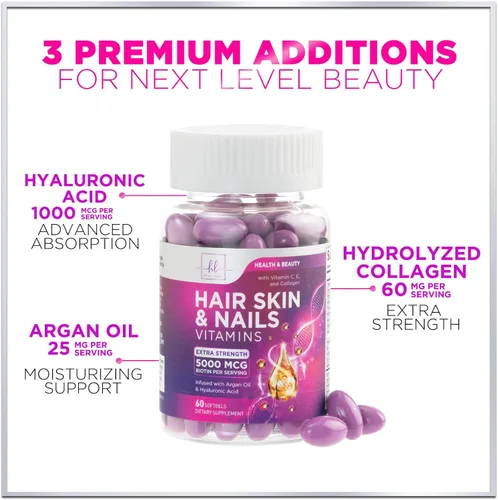 Miniatura 5 de Vitaminas para el cabello para mujeres para el crecimiento del cabello, suplemento con infusión de argán con colágeno, biotina y ácido hialurónico