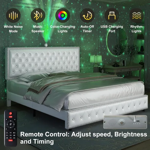 Miniatura 5 de Base de cama de plataforma tapizada tamaño Queen con cabecera LED, proyector de estrellas integrado y cabecera ajustable, no necesita somier, fácil