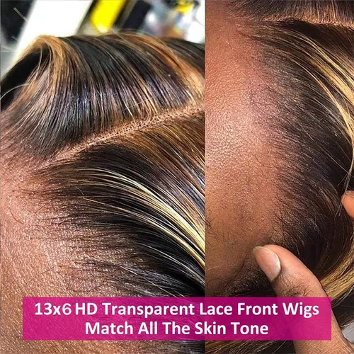 Miniatura 4 de Aicrelery Peluca de cabello humano con encaje frontal de 30 pulgadas, Highlight 13x6, Ombre P4/27, color marrón dorado, frontal con cabello de bebé
