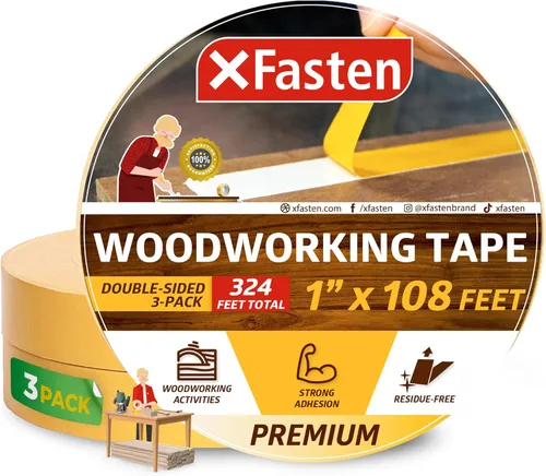 XFasten Cinta adhesiva de doble cara para carpintería de 1 pulgada x 108 pies (paquete de 3), sin residuos, cinta adhesiva extraíble de doble cara