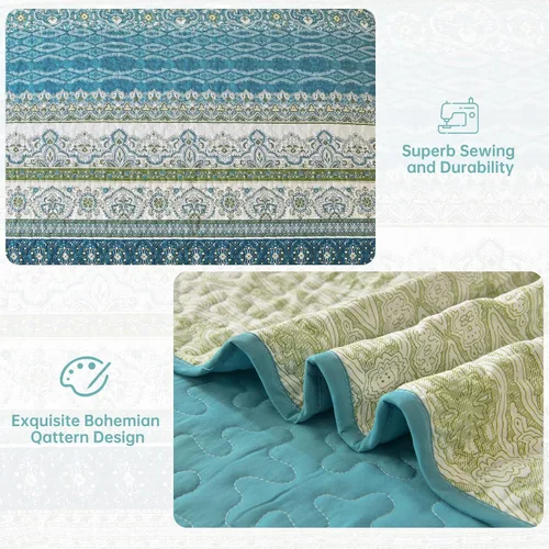 Miniatura 6 de WONGS BEDDING Juego de edredón bohemio tamaño Queen Aqua, juego de colcha de 3 piezas a rayas, de microfibra ligera y suave bohemia para todas