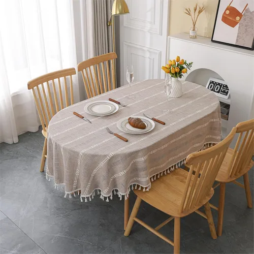 Miniatura 7 de Gernaice Mantel bordado de rayas rústicas y pequeñas con borlas cuadradas de algodón y lino, sin arrugas, lavable, para mesita de noche, café, Blanco