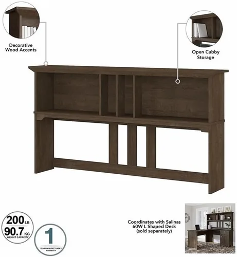 Miniatura 3 de Bush Furniture Salinas Hutch, accesorio de escritorio con estante de almacenamiento para oficina en casa, 60 W, marrón ceniza