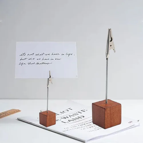 Miniatura 6 de 10PCS Brown Wooden Cube Base Memo Clip Holders, Alligator Clip Stands for Table Numbers, Place Cards, Photos and Wedding Decorations